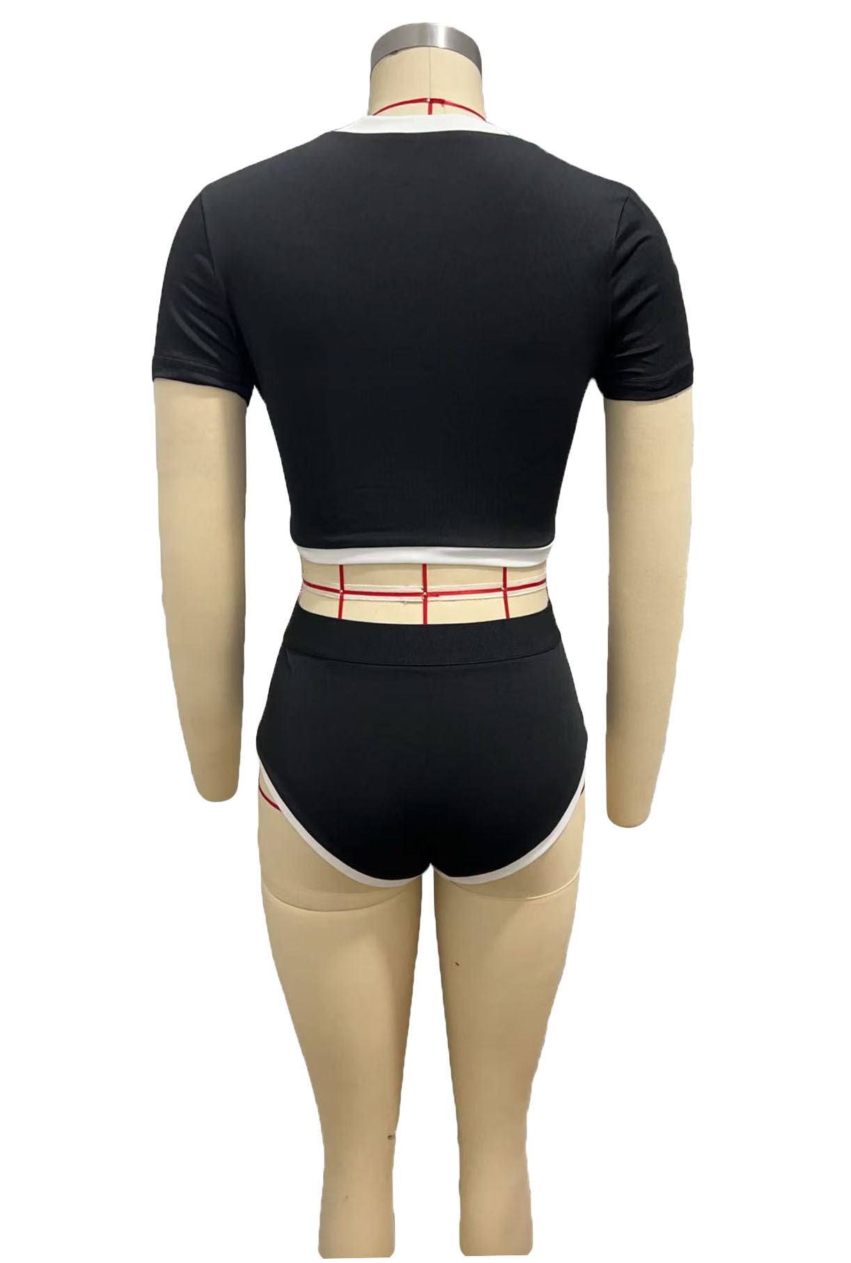 Black And White Patchwork Round Neck Moon Print Tight Fitting Two Piece Shorts Set 8