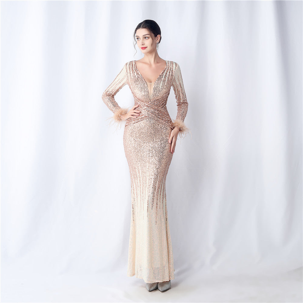 Women Ostrich Feather Gradient Sequins Long Sleeve Evening Gown 6