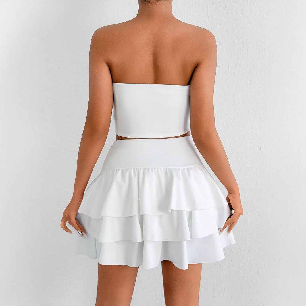 Sexy Strapless top Ruffled Cascading Short Skirt Two-Piece set 4