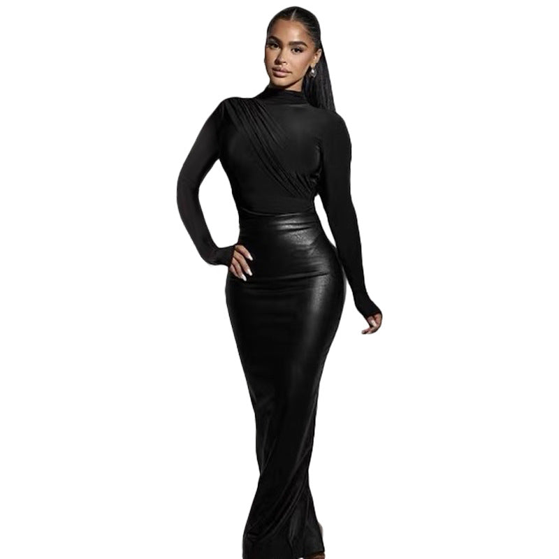 Women Autumn and Winter Black Bodycon Zipper Pu-Leather Skirt 7