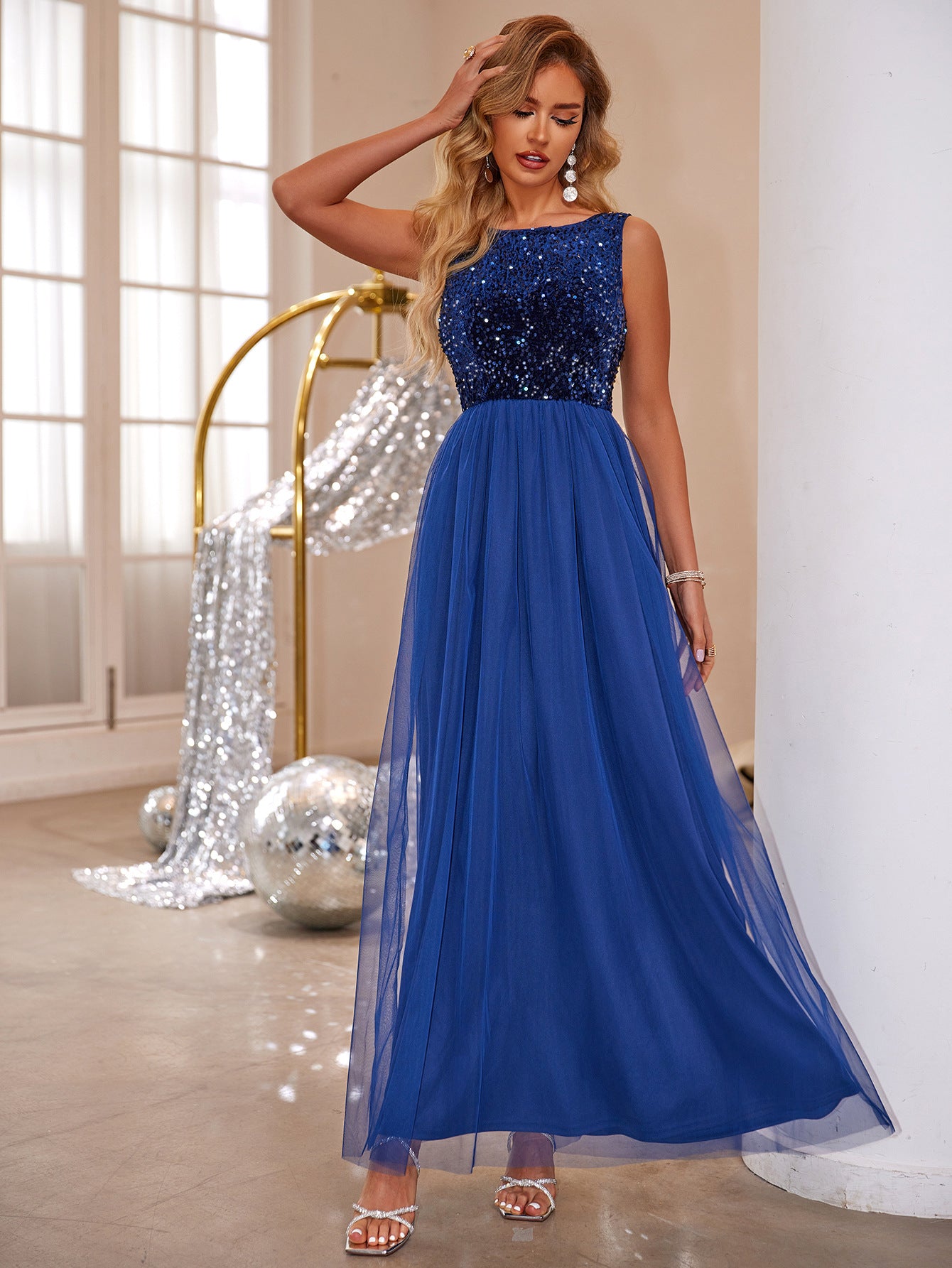 Fashion Women's Sequin Mesh Patchwork Sleeveless A-Line Evening Dress 3