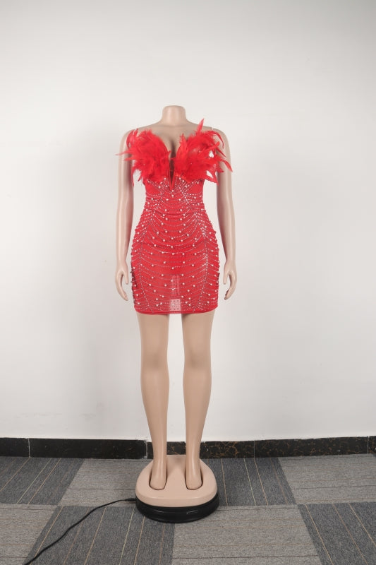 Sexy Feather Beaded Pearl Tight Fitting Bodycon Dress 26