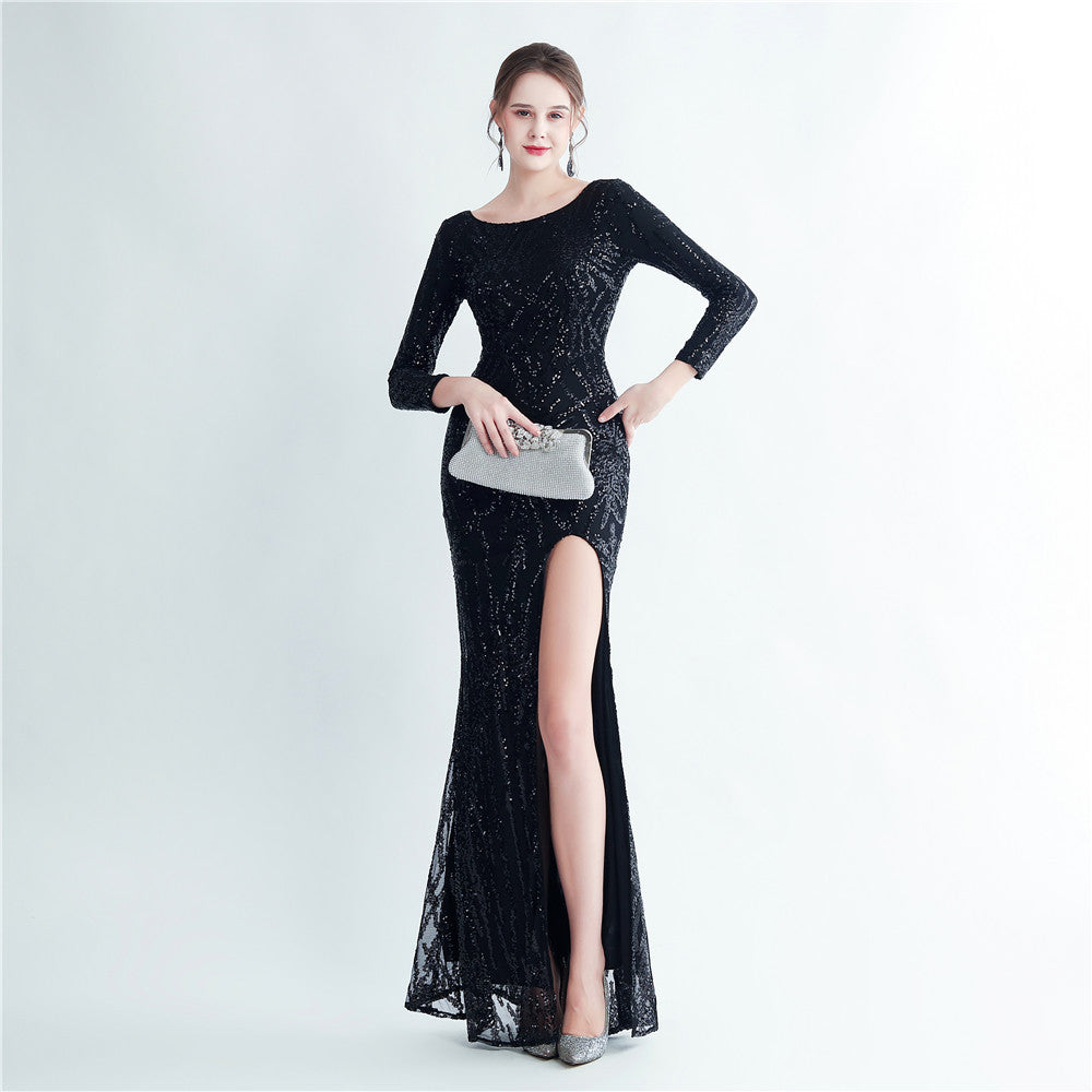 Women Sequin Long Sleeve Slit Evening Dress 5