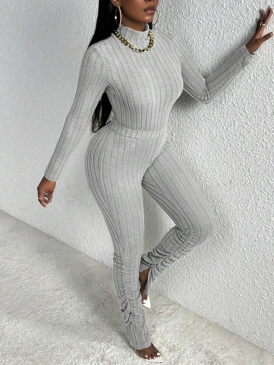 Women's Knitting Autumn And Winter Long Sleeve Fashion Solid Color Tight Slim Two Piece Pants Set 7