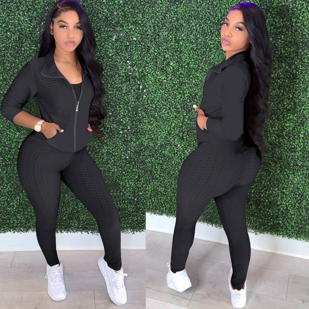 Women's Stand Collar Hoodless Jacquard High Stretch Fabric Long Sleeve Pant Set Two Piece 3