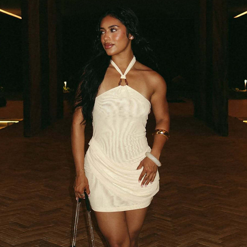 Summer Sexy Patchwork Mesh Solid Color Street Style Halter Neck Bodycon Short Dress