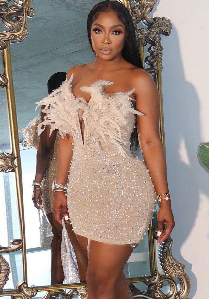 Sexy Feather Beaded Pearl Tight Fitting Bodycon Dress