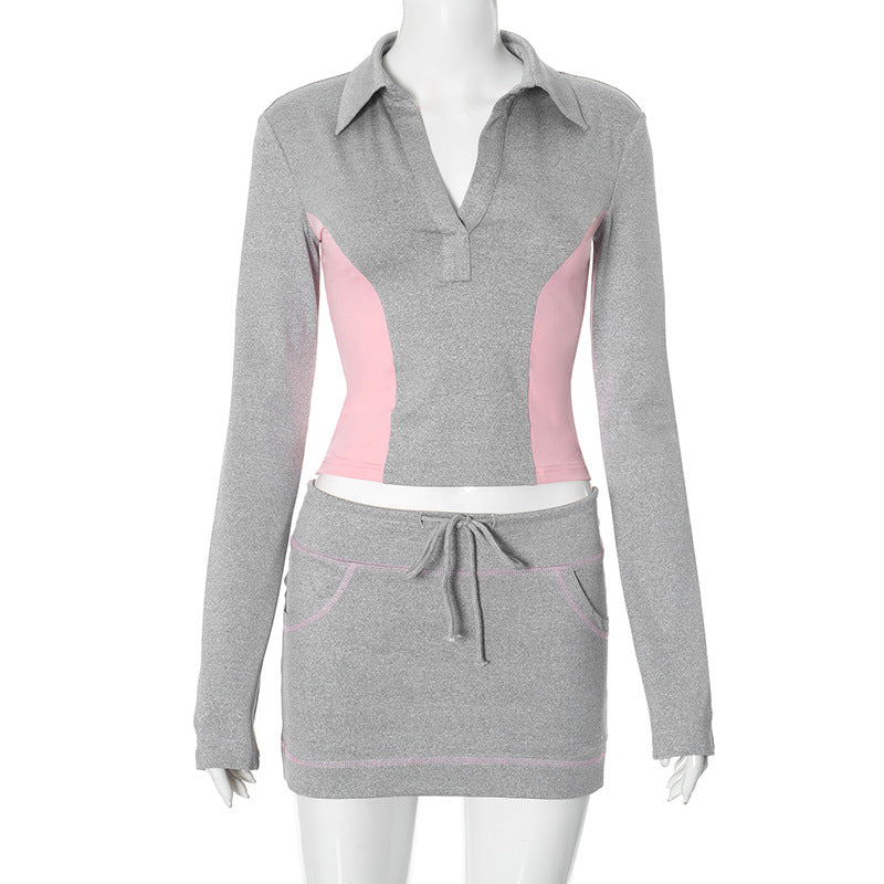 Women Autumn V-Neck Long Sleeve Top and SkirtTwo Piece Set 6