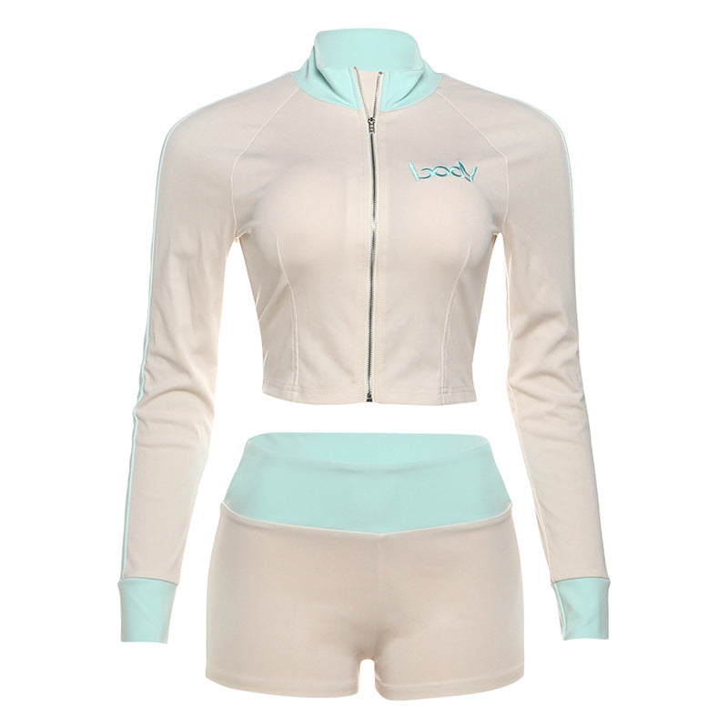 Women Fall Stand Collar Contrast Letter Embroidered Zipper Top and Shorts Two-Piece Set 24