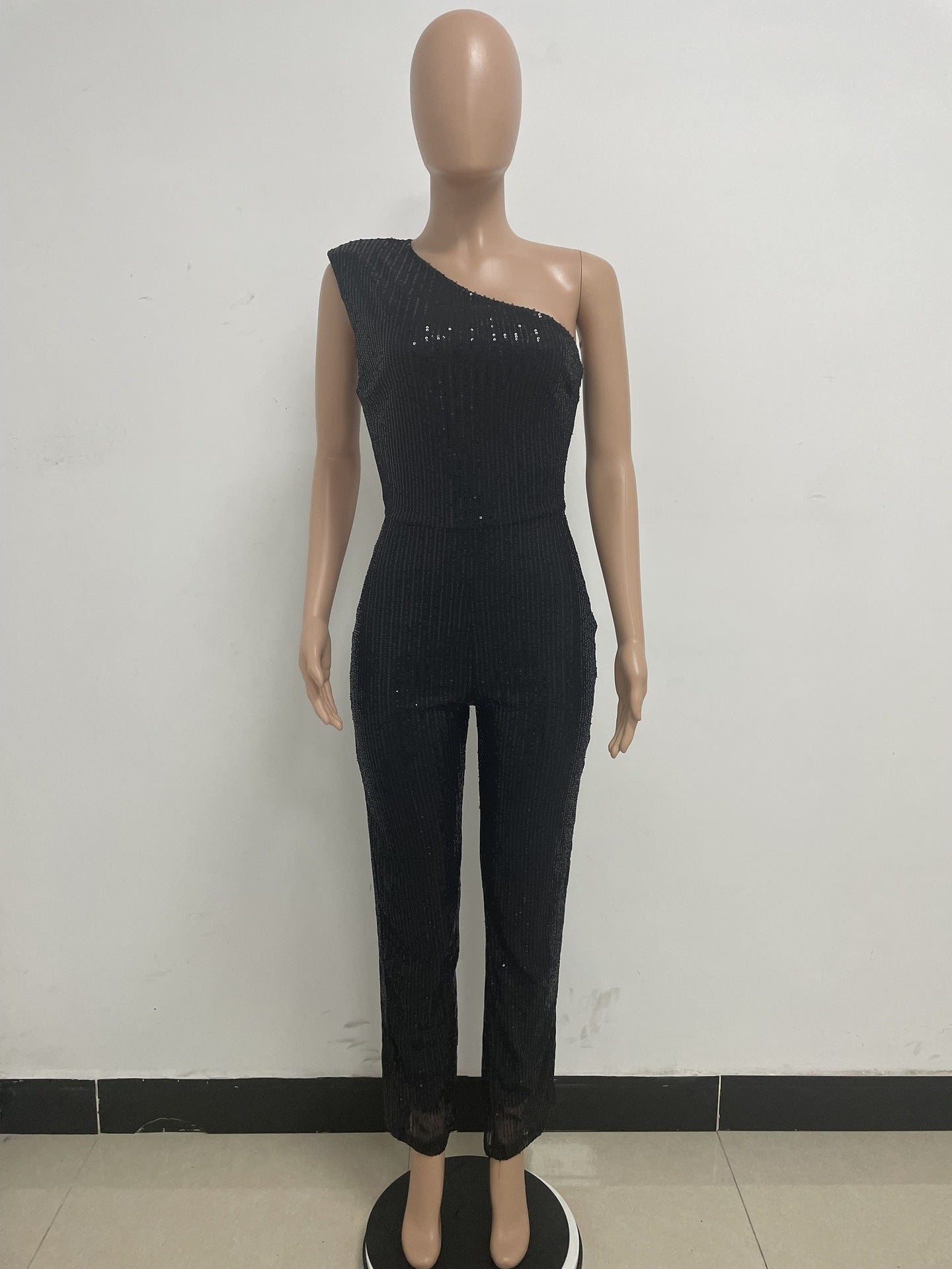 Women's Sleeveless One Shoulder Low Back Sequined Jumpsuit 38