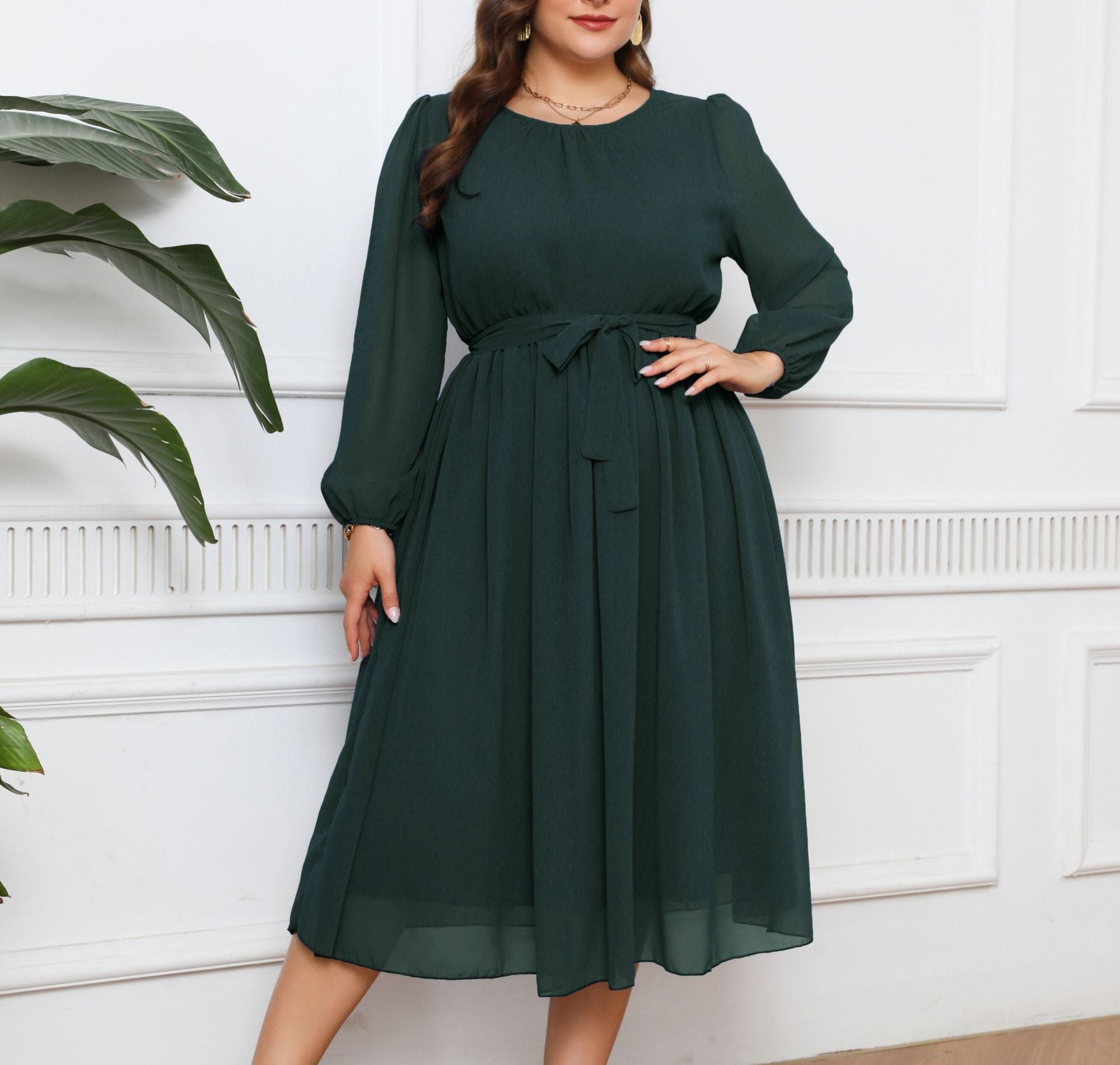 Long Sleeve Plus Size Women's Solid Chiffon Dress