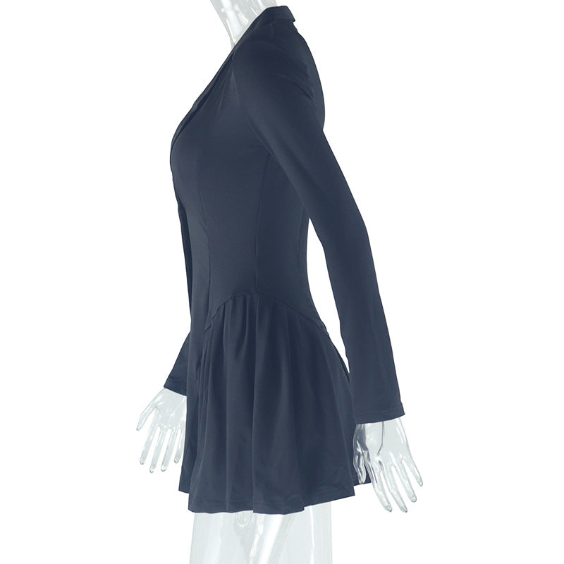 Women Sexy Solid V Neck Long Sleeve Pleated Skirt 12