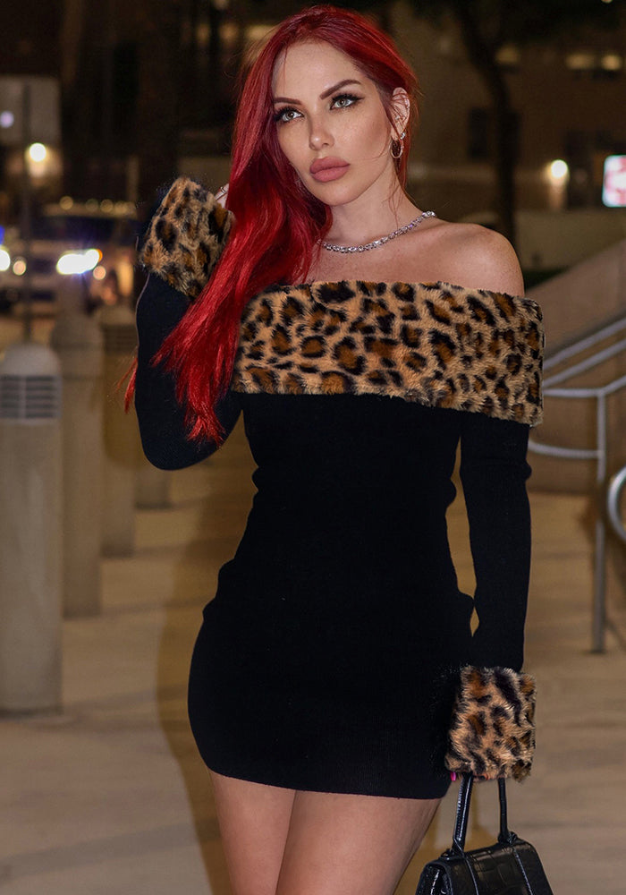 Spring and Autumn Women's Clothing Sexy Leopard Off Shoulder Slim Waist Long Sleeve Bodycon Dress