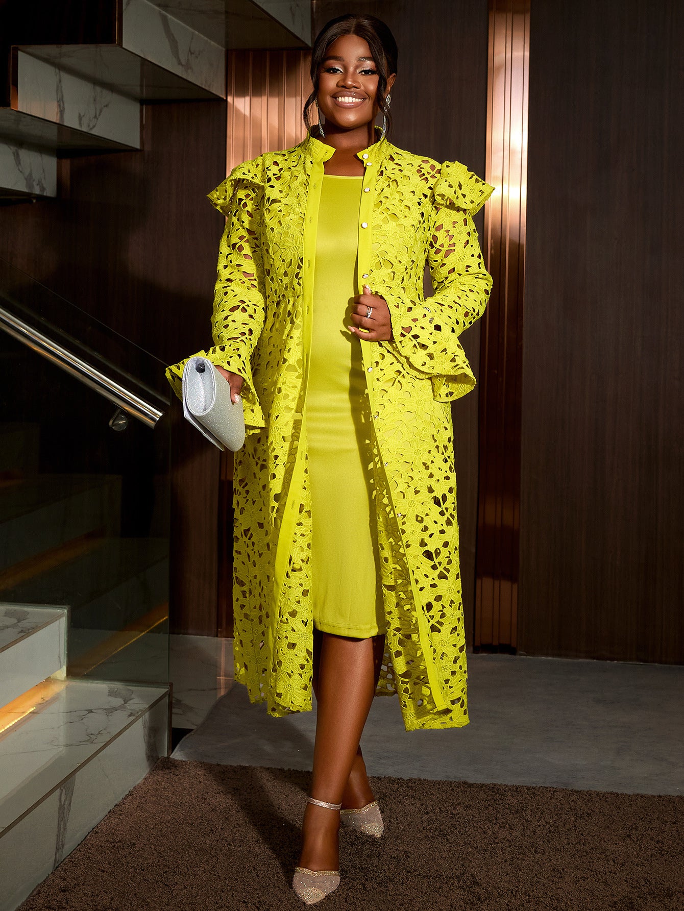 Plus Size Women Half High Neck Lace Dress Two-piece Set 8