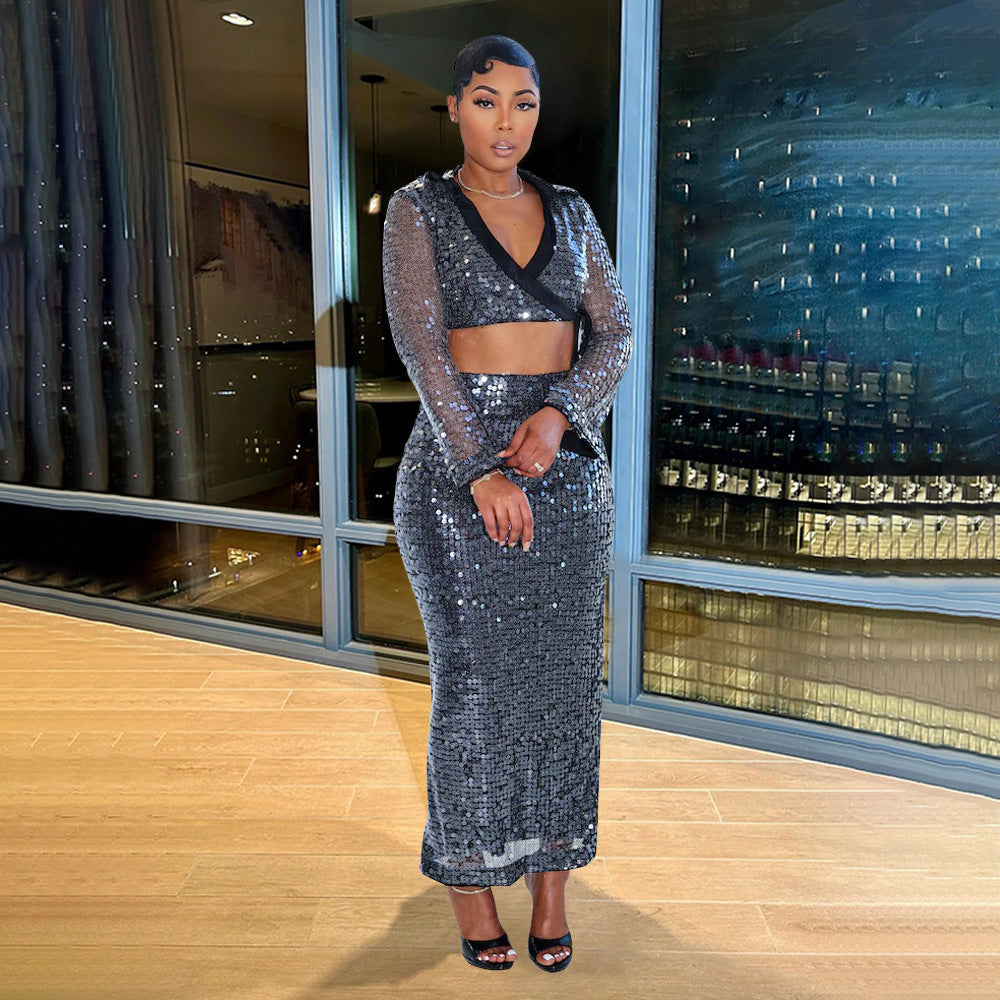 Turndown Collar Deep V Long Sleeve Sequin crop Top Bodycon Skirt Two-piece Set