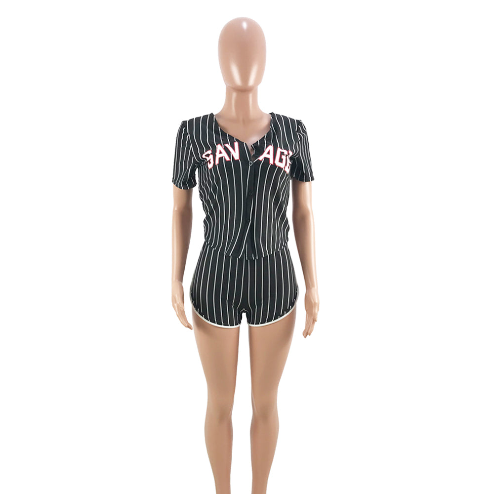 Women Sexy Women Striped Letter Baseball Top and Skirt Two-piece Set 8