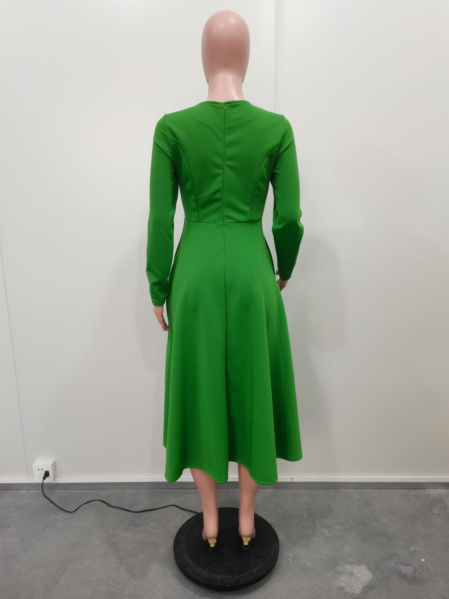 Women's Solid Round Neck Long Sleeve A-Line Dress 16