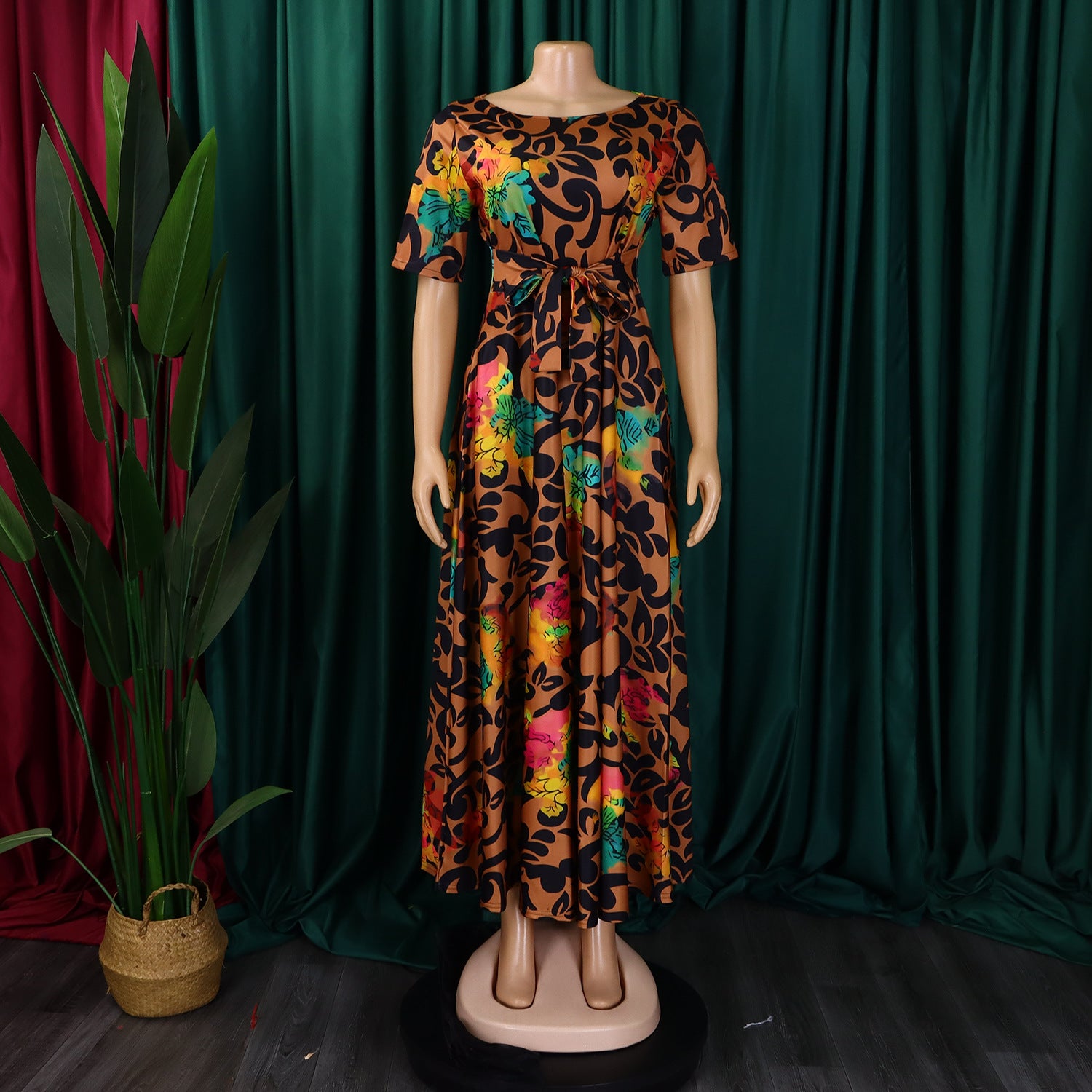 Women's Fashion Chic Tie-Waist African Plus Size Short Sleeve A-Line Dress 43