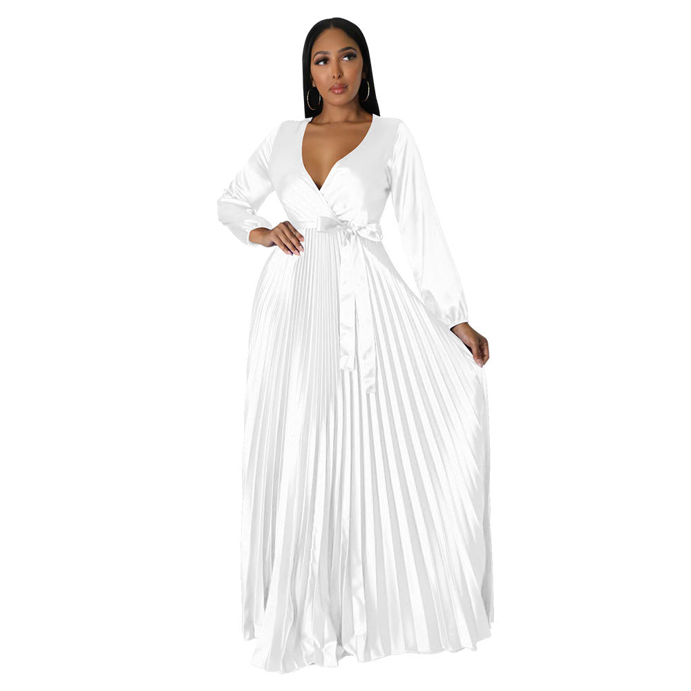 Women Autumn V-Neck Balloon Sleeve Pleated Dress