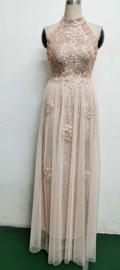 Summer Occassional Gold Sequin Mesh Patch Halter Evening Dress 8