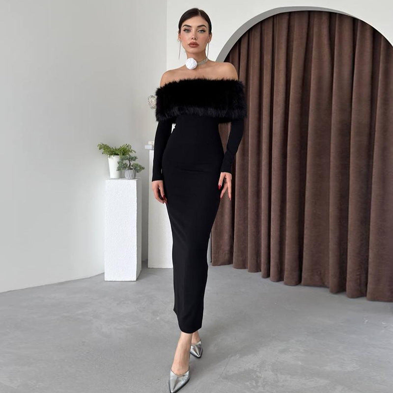 Women Fall Elegant Off Shoulder Fur Collar Dress 4