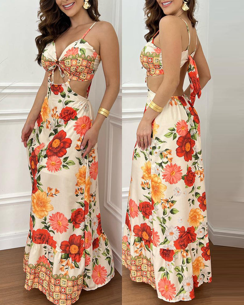 Floral Holiday Print Sexy Open Waist Strap Long Dress 3