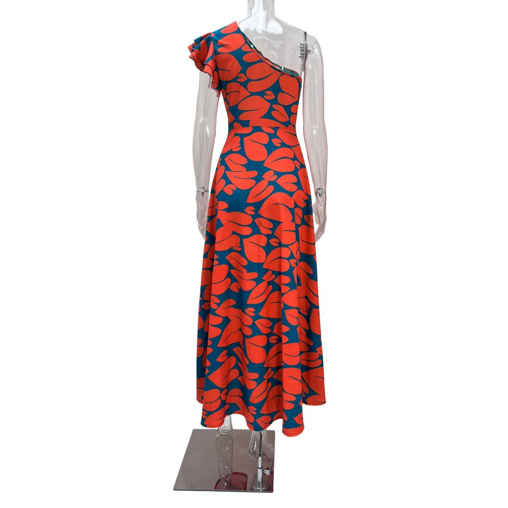 Spring Summer One Shoulder Low Back Chic Printed High Waist Long Dress 7