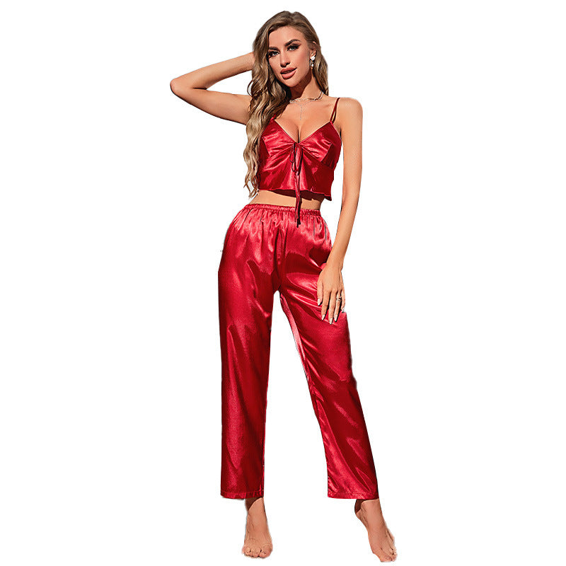 Women V-neck Cropped Top and Pant Loungewear Two-piece Silk Set 10