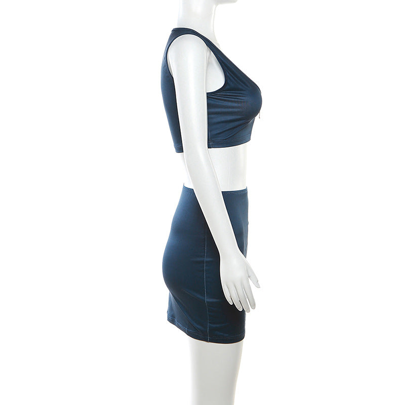 Autumn and winter women's fashion trendy sexy low-cut vest solid color Bodycon zipper skirt two piece set 6