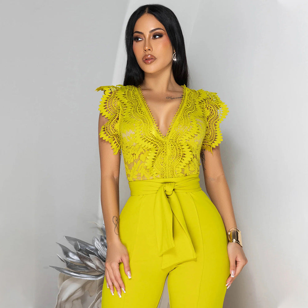 Women's Sexy V-Neck Sleeveless Solid Color Lace-Up Wide-Leg Jumpsuit 4