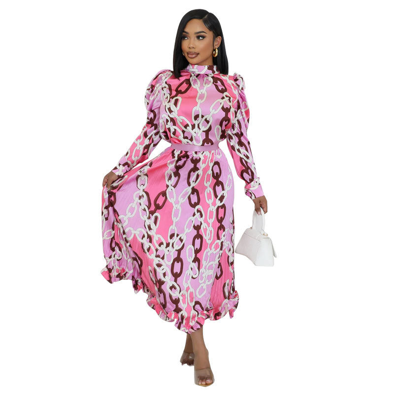 Women Fall Casual Long Sleeve Pleated Print Top and Skirt Two-Piece Set 4