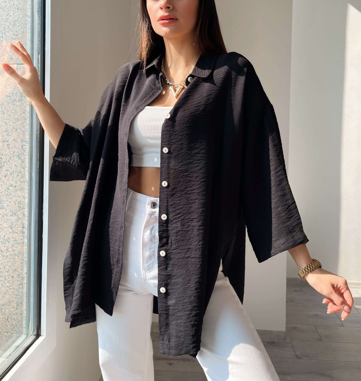 Shirt Women's Loose Bell Bottom Sleeve Spring Summer Comfortable Casual Solid Color Slit Shirt 5
