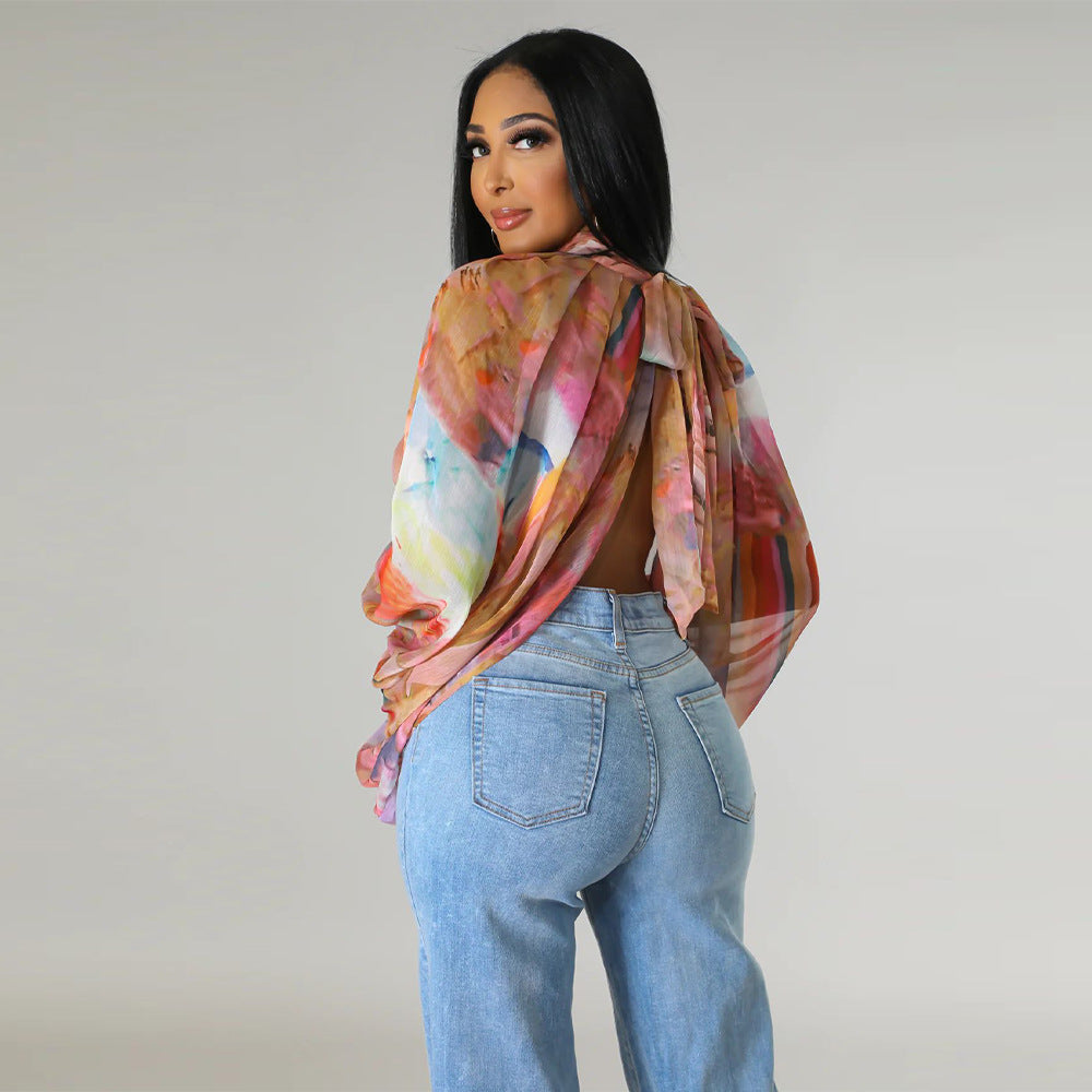 Women's Summer Lace-Up Printed Chiffon Shirt Bat Sleeves Top 28