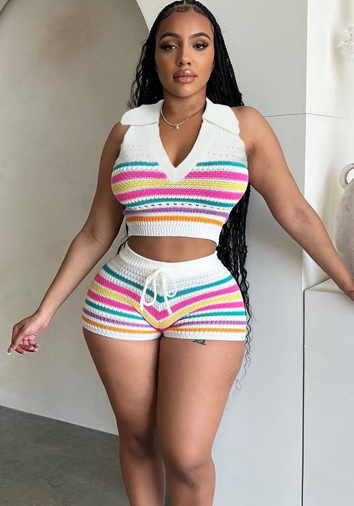 Women Spring Women Sleeveless Knitting Top and ShortsTwo Piece Set Piece Set