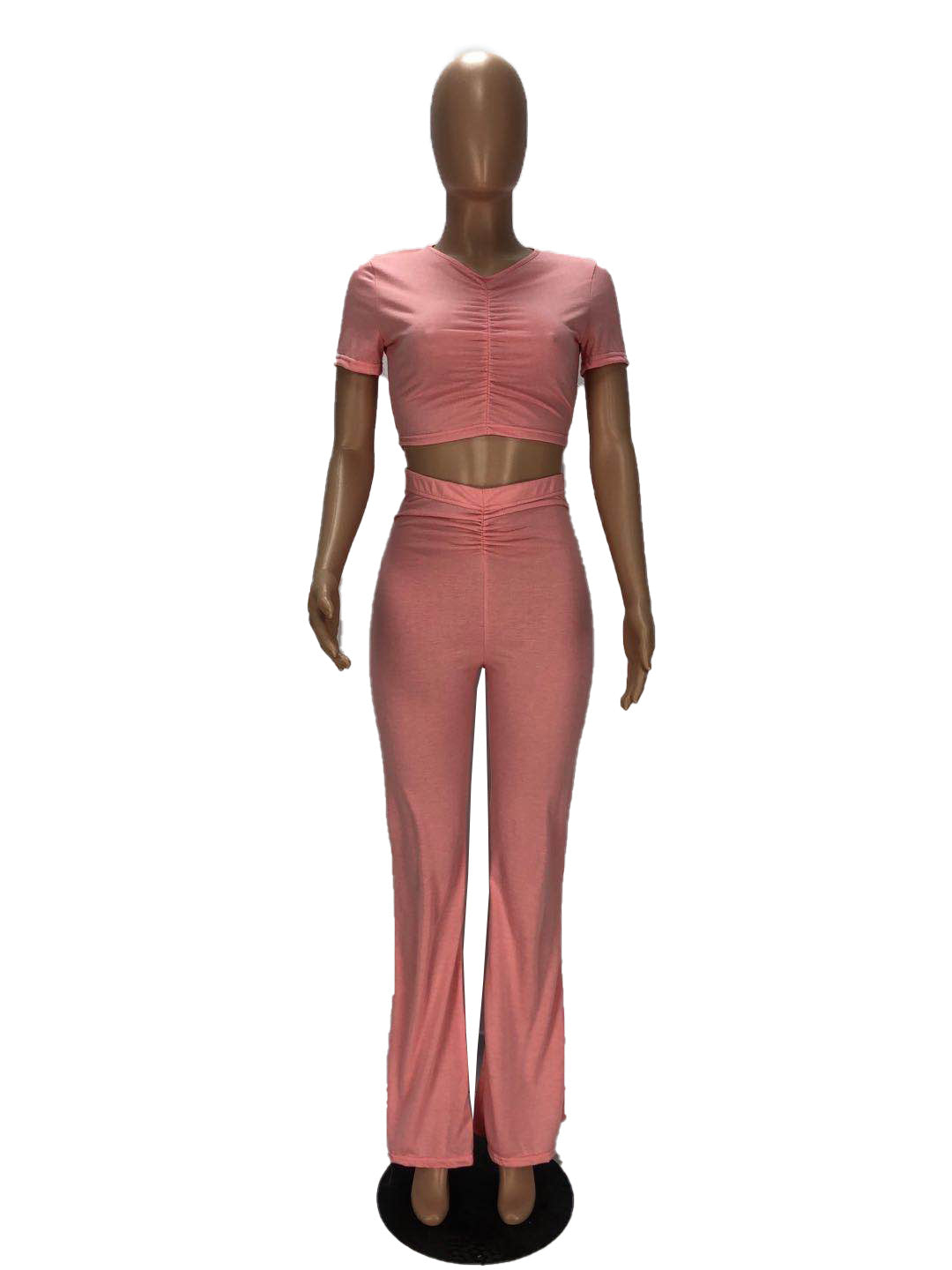 WomenPleat Short Sleeve Crop Top and Bell Bottom Pant Two-Piece Set 13