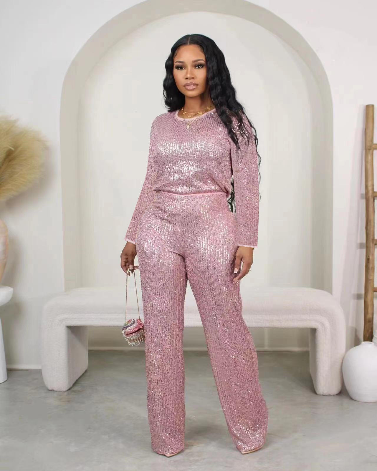 Winter And Spring Sequined Solid Color Long-Sleeved Top Trousers Two-Piece Set 5