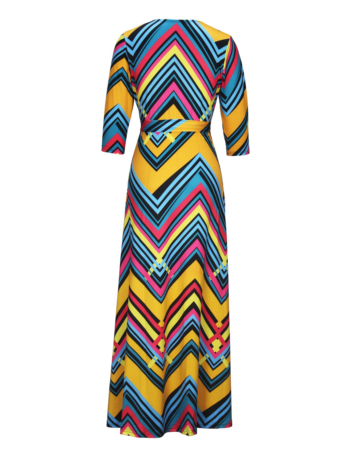 Spring & Autumn Women's Fashion Elegant Wrap V-Neck Half-Sleeve Print Belt Maxi Dress 117