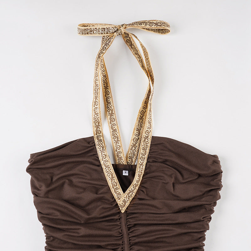 Women American-Style V-Neck Ethnic Ribbon Contrast Color Patchwork irregular pleated Halter Neck dress 14