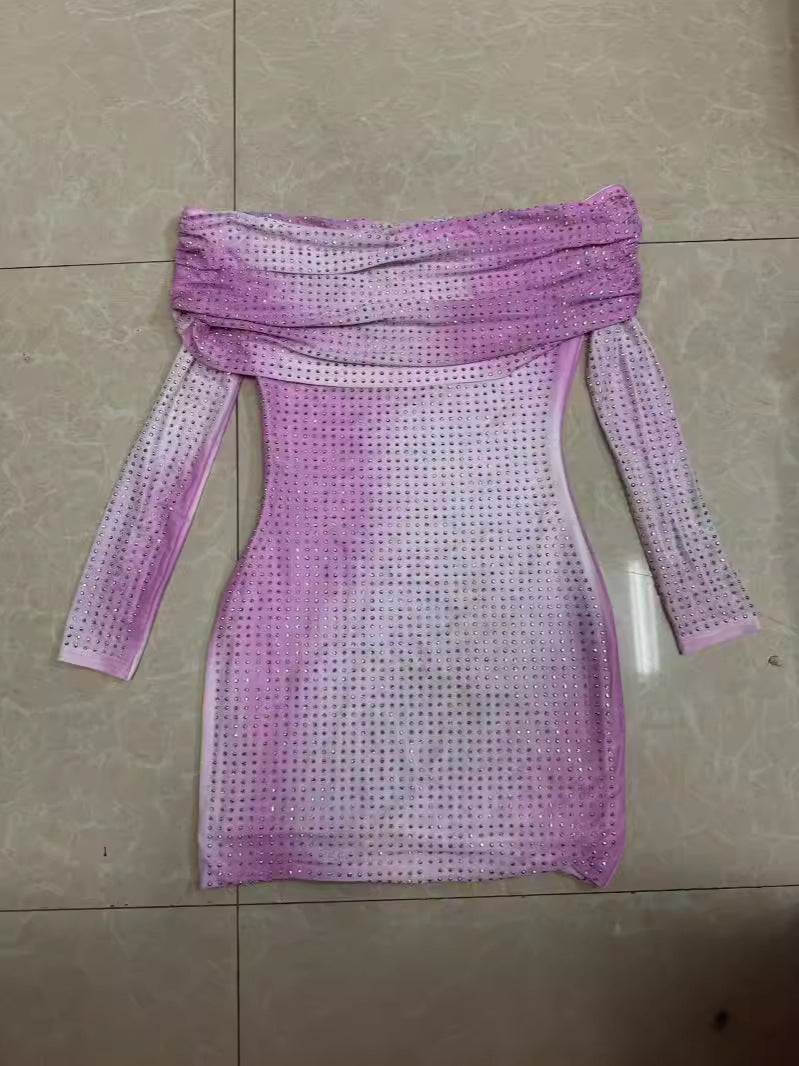 Women's Sexy Mesh Off Shoulder Beaded Long Sleeve Bodycon Slim Dress 5