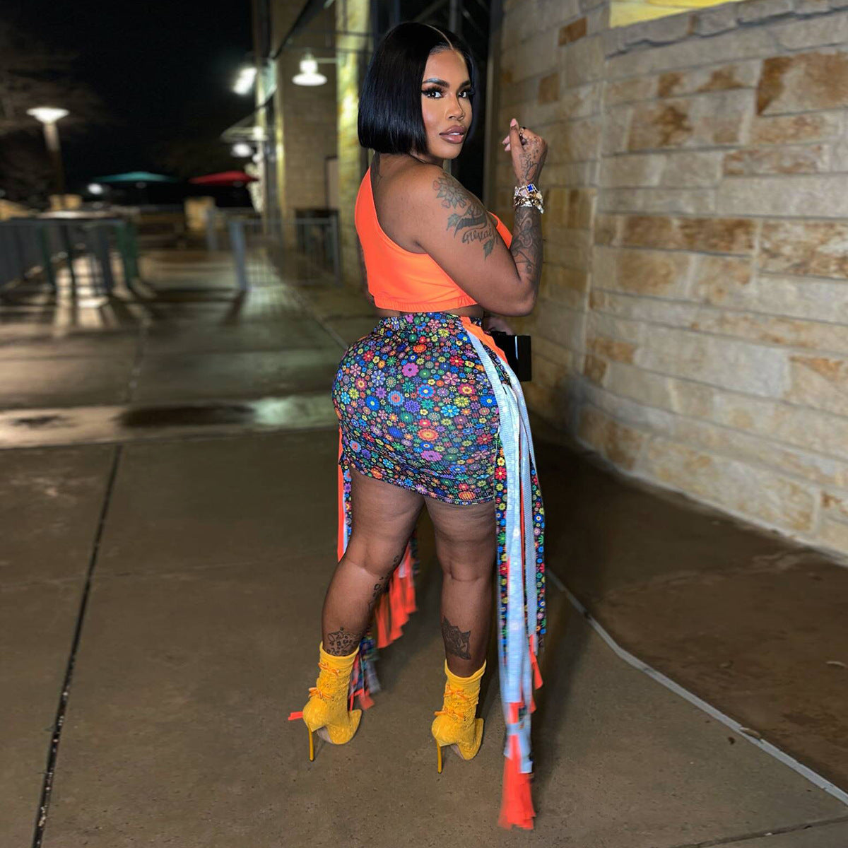 Sexy Fringed Slim Skirt Slanted One-Shoulder Tank Top Two-Piece Set 5