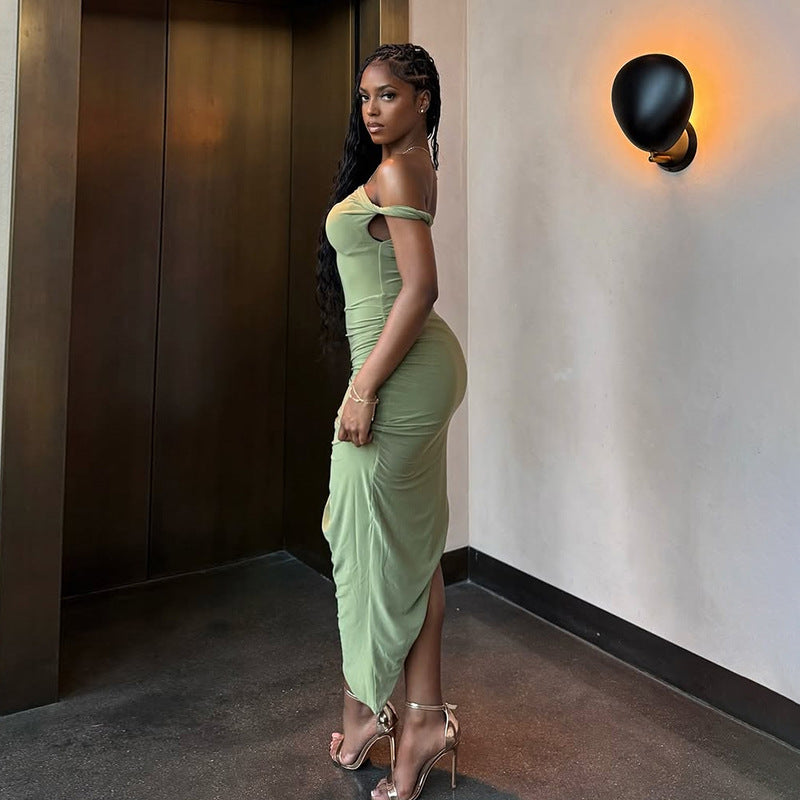 Women's Fashion Spring/Summer Sexy Off Shoulder Low Back Ruched Slim Long Dress 6