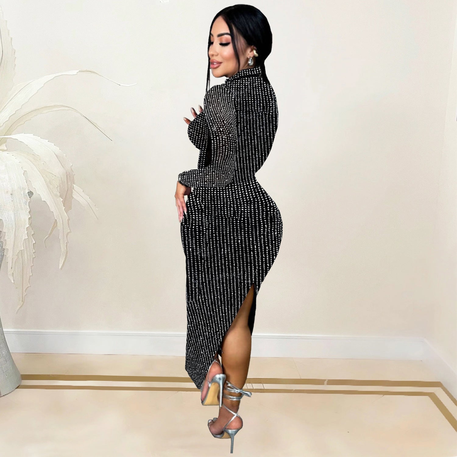 Women Beaded Long Sleeve Top and Skirt Two-piece set