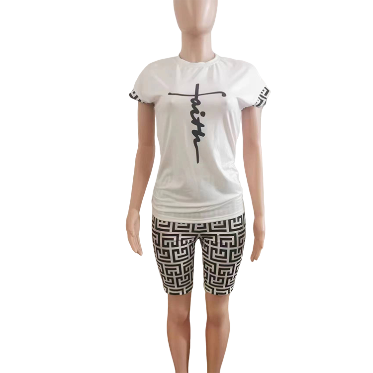 Women's Fall Winter Letter Print Short Sleeve Top Shorts Set 16
