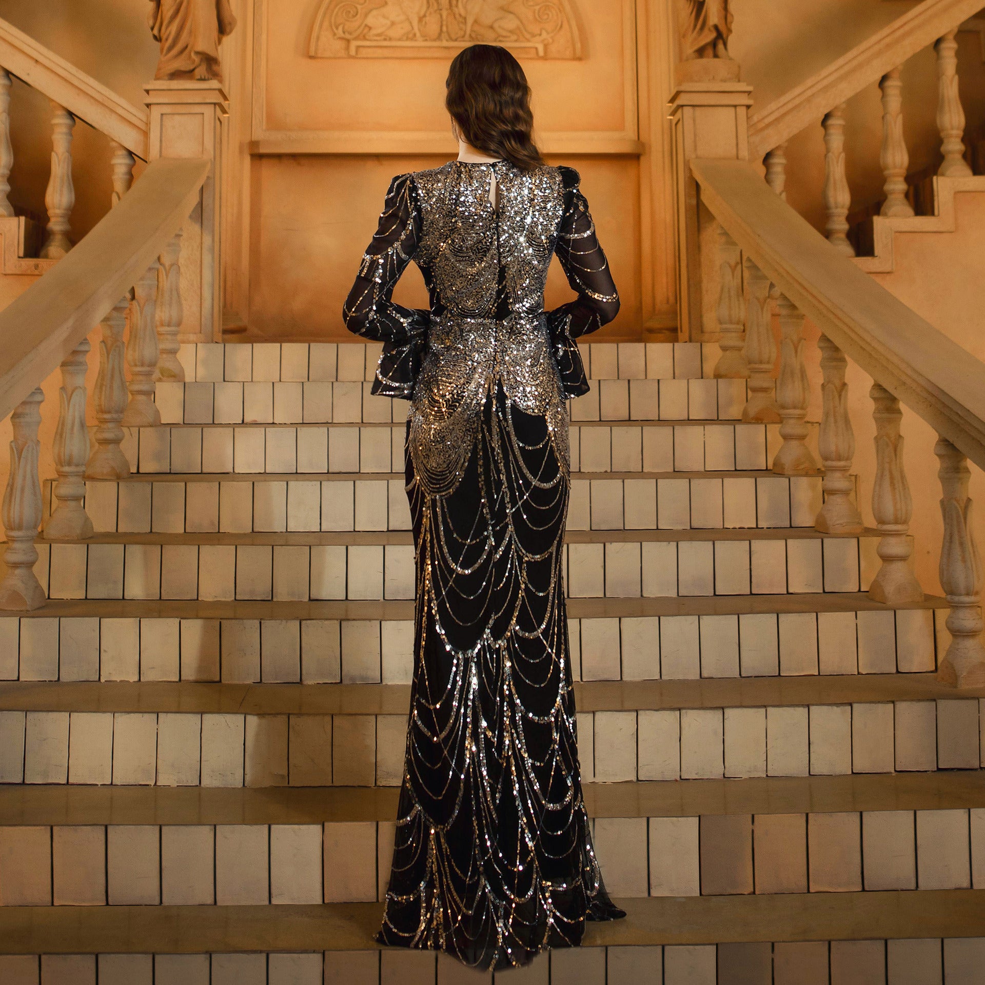 Summer Luxury Long-Sleeve Round Neck Sequin Fishtail Evening Gown 4