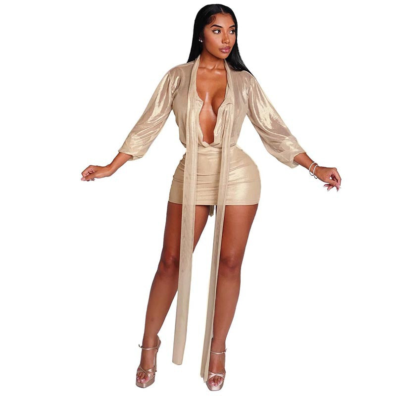 Women's Sexy Sheer Lace-Up Long Sleeve Top & Tight Fitting Bodycon Mini Skirt Two-Piece Set 7