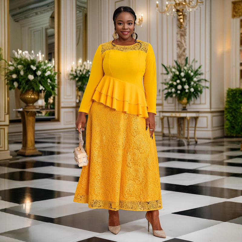 See-Through Round Neck Long-Sleeved Lace Ruffle Formal Party Dress