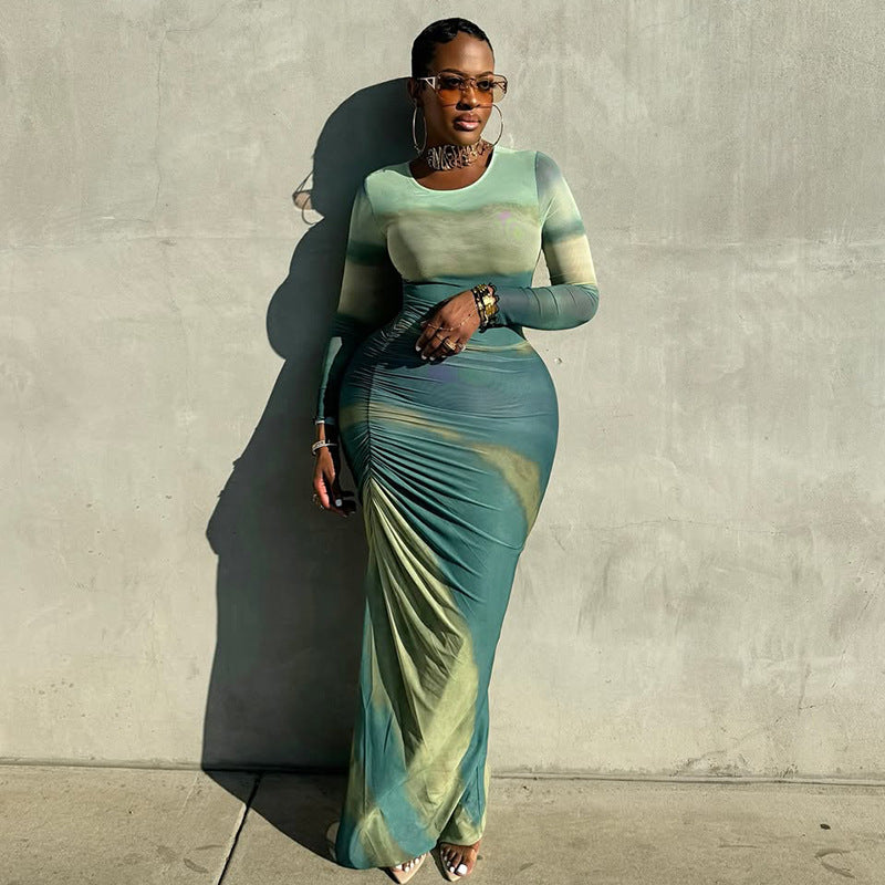 Career Women's Print Pleated Waist Tie Slim Fit Bodycon Round Neck Long-Sleeve Dress 4