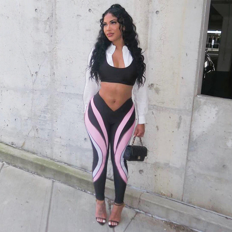 Women Winter Contrast Patchwork Striped Pants