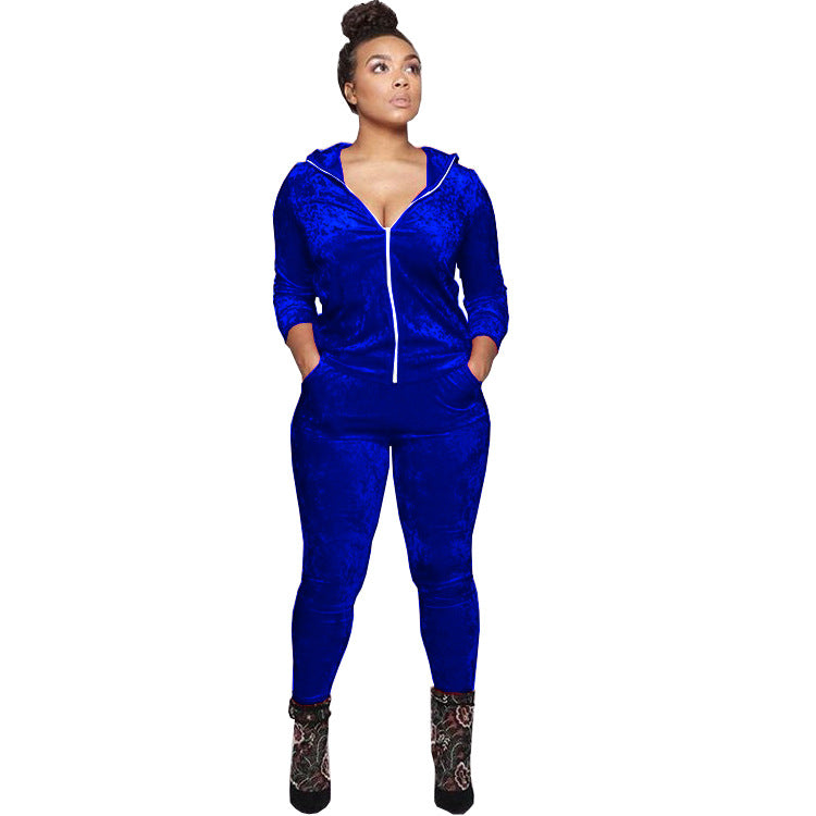 Women Fall and Winter Casual Velvet Hooded Zippered Top Long Pants Two-piece Set 13