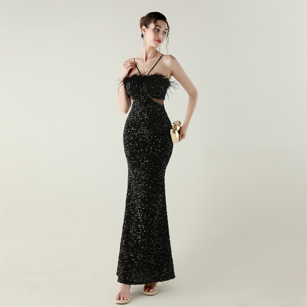 Velvet Sequin Feather Fishtail A-Line Evening Gown 11